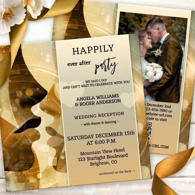 Invitation Le baiser heureux à jamais après tout dans un mari (Modern unique all in one happily ever after wedding party invitation featuring a kiss - QR code)