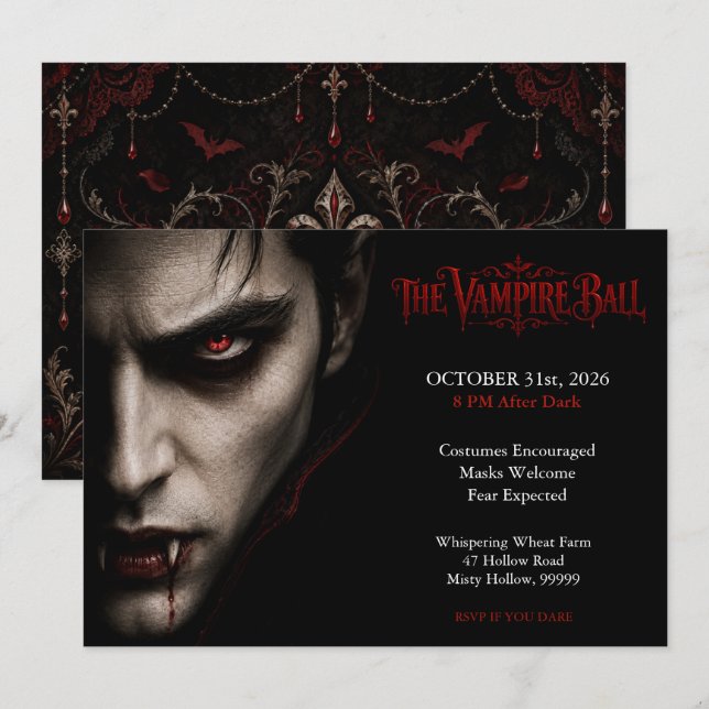 Invitation Le Bal des Vampires | Soirée Halloween gothique (Devant / Derrière)