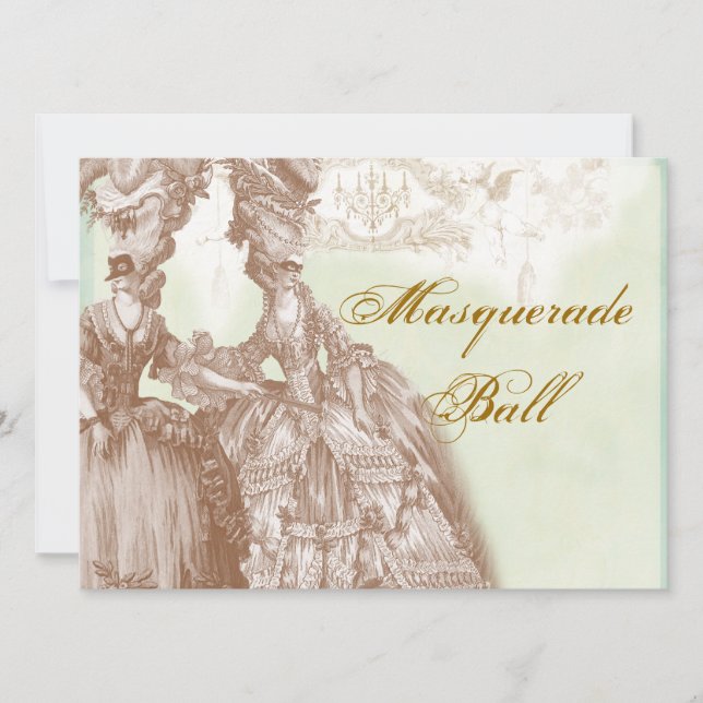 Invitation Le bal Masquerade, turquoise et or (Devant)