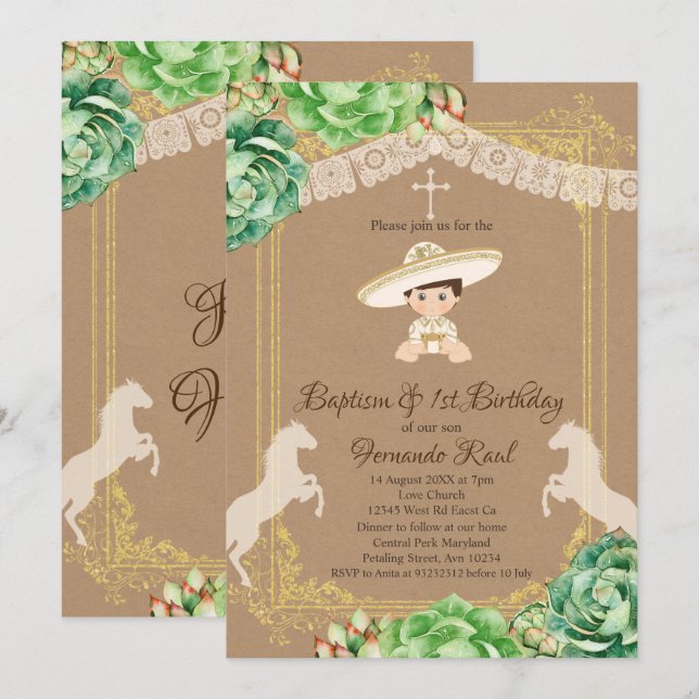 Invitation Le baptême de Kraft Cactus et le premier garçon d' (Devant / Derrière)