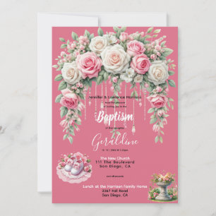 Invitation Le baptême de la fille rose florale