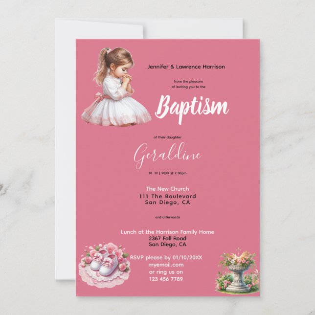 Invitation Le Baptême de la fille rose personnalisée (Devant)