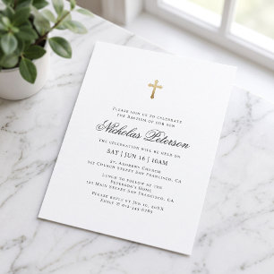 Invitation Le Baptême Pour Lui   Croix d'or minimaliste