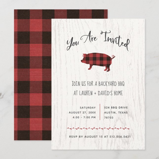 Invitation Le BBQ rustique à la mode ou Party le plaid rouge (Devant / Derrière)