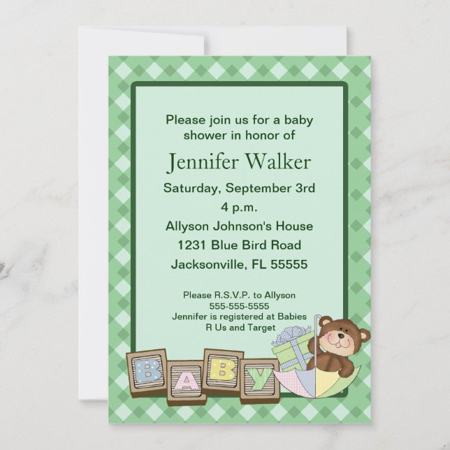 Invitation Le bébé bloque le baby shower - vert (Devant)