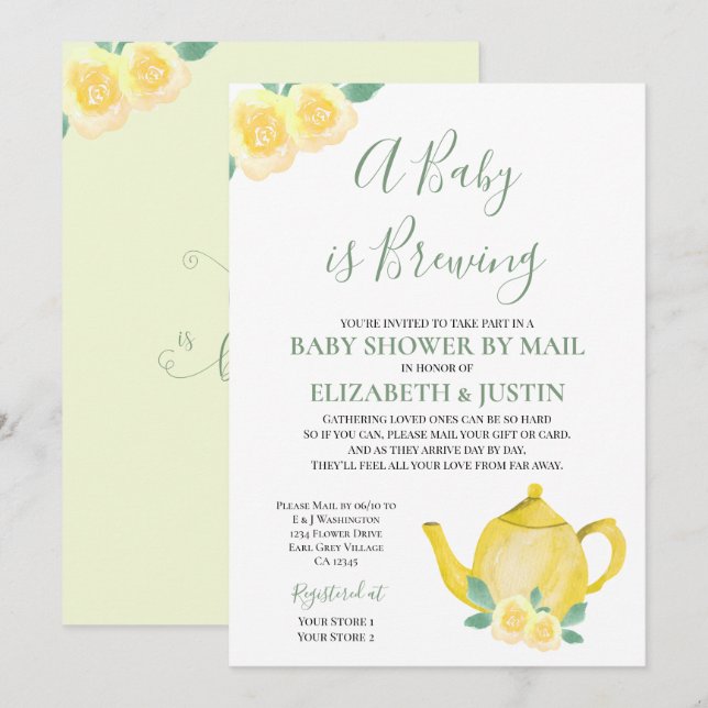 Invitation Le bébé brasse du Baby shower de théière jaune par (Devant / Derrière)