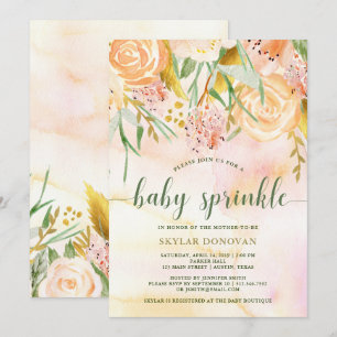 Invitation Le bébé floral de l'aquarelle couleur pêche   d'or