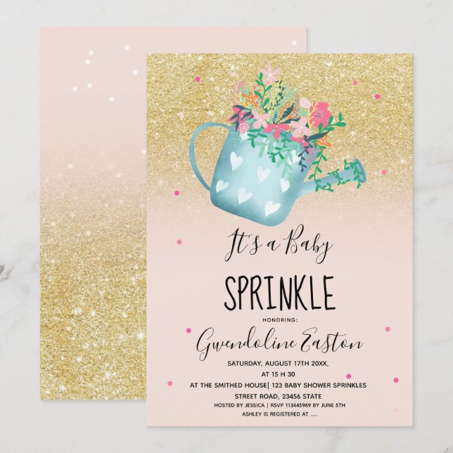 Invitation Le bébé floral d'or de boîte d'arrosage arrosent (Devant / Derrière)