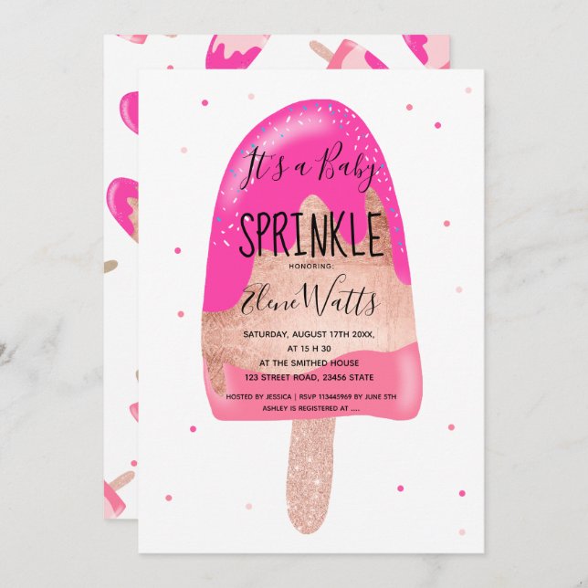 Invitation Le bébé rose d'été de crème glacée d'or arrosent (Devant / Derrière)