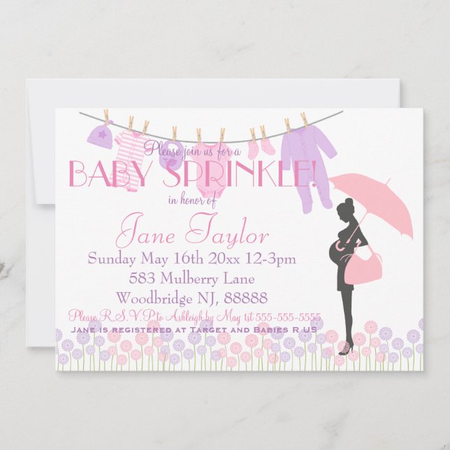Invitation Le bébé rose et pourpre de silhouette arrosent (Devant)