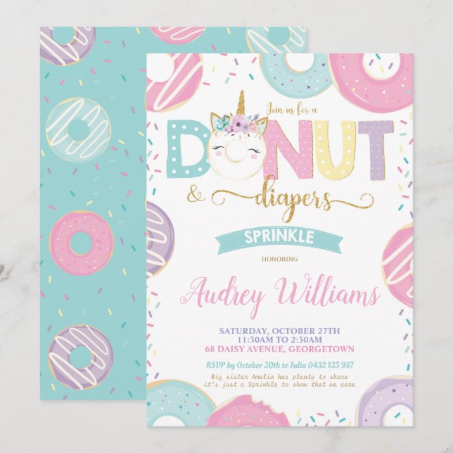 Invitation Le beignet de licorne et le bébé de (Devant / Derrière)