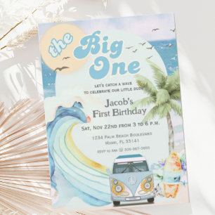 Invitation Le Big One Blue Retro Surfing premier anniversaire