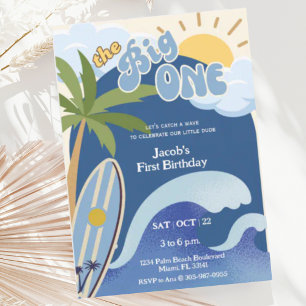 Invitation Le Big One Blue Retro Surfing premier anniversaire