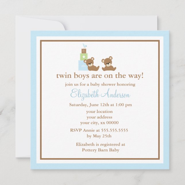 Invitation Le bleu soutient le baby shower de jumeaux (Devant)
