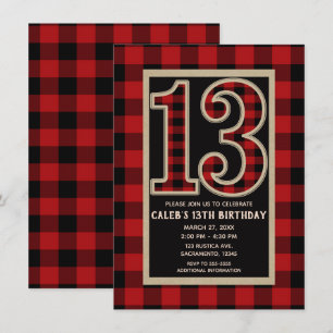 Invitation Le buffle rouge rustique noir plaid 13e anniversai