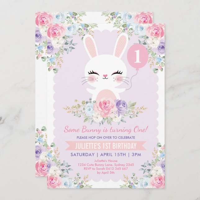 Invitation Le Bunny floral du printemps 1er anniversaire Cout (Devant / Derrière)