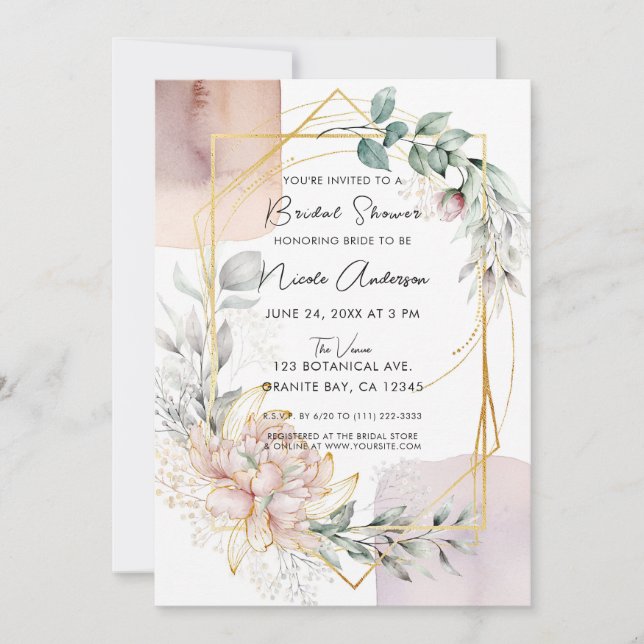Invitation Le cadre doré mauve floral verdure mariage  (Devant)