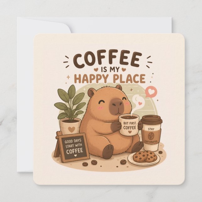 Invitation Le Café Est Mon Endroit Heureux Capybara Mignon Am (Devant)