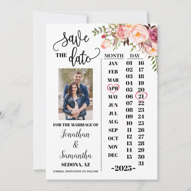 Invitation Le calendrier photo sauve la date mariage floral r (Devant)