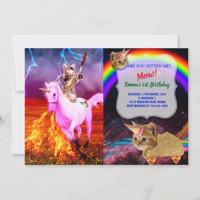 Invitation Le chat avec une épée roule sur la vraie licorne (Devant)