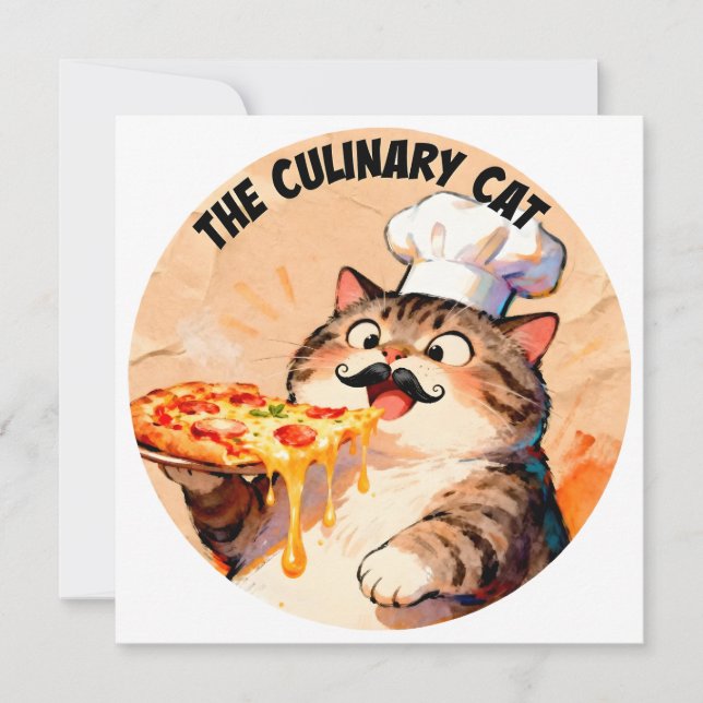 Invitation Le Chat Culinaire avec Pizza Chat Chef Tenant une  (Devant)