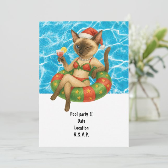 Invitation Le chat est à la piscine pour une fête au bord de  (Debout devant)