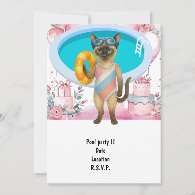 Invitation Le chat est à la piscine pour une fête au bord de  (Devant)