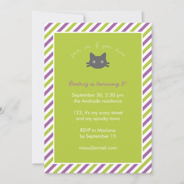 Invitation Le chat noir mignon vert badine l'anniversaire de (Devant)