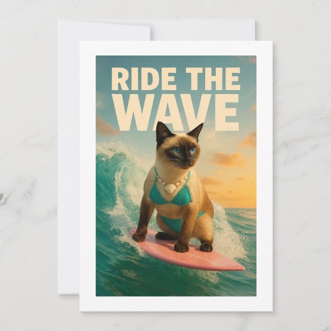 Invitation Le chat siamois fait du surf attrape-moi si tu peu (Devant)