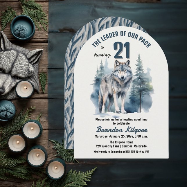 Invitation Le chef de notre pack Wolf 21e fête d'anniversaire ("The Leader of Our Pack is Turning 21" 21st Birthday Arched Invitation)