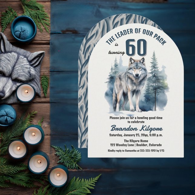 Invitation Le chef de notre pack Wolf 60e fête d'anniversaire ("The Leader of Our Pack is Turning 60" 60th Birthday Arched Invitation)
