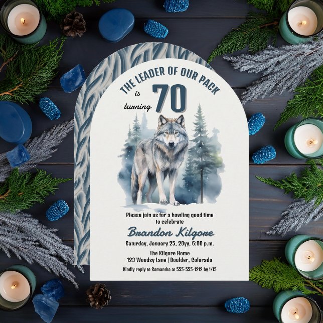 Invitation Le chef de notre pack Wolf 70e fête d'anniversaire ("The Leader of Our Pack is Turning 70" 70th Birthday Arched Invitation)