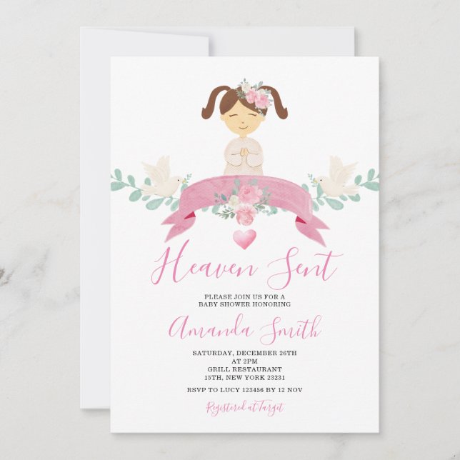 Invitation Le ciel a envoyé Little Angel Baby shower rose Flo (Devant)