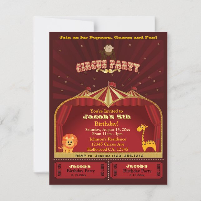 Invitation Le cirque de l'enfant mignon étiquette la fête (Devant)
