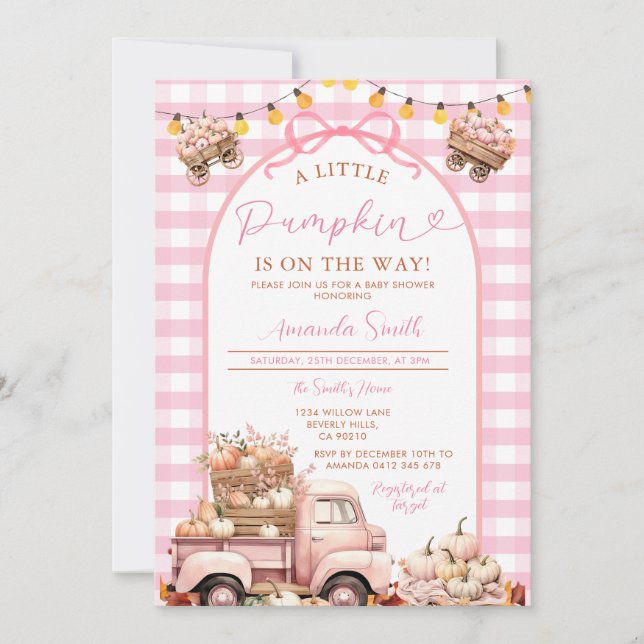 Invitation Le Citrouille Boho Pink Truck est en route Baby sh (Devant)