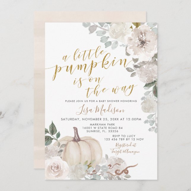 Invitation Le Citrouille d'aquarelle blanche en ivoire est en (Devant / Derrière)