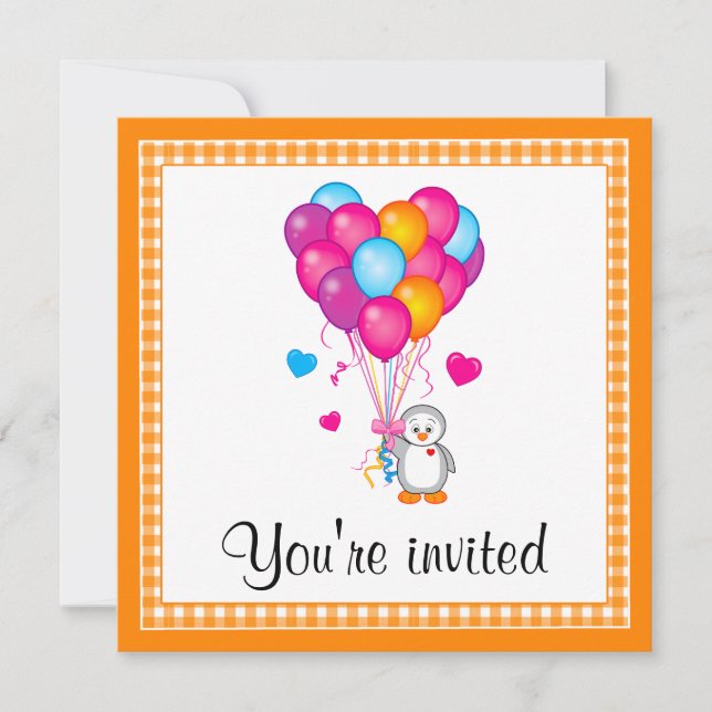 Invitation Le coeur de pingouin de fête d'anniversaire monte (Devant)