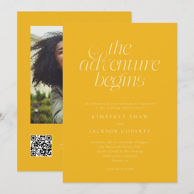 Invitation Le commencement de l'aventure Mariage jaune minima (Devant / Derrière)
