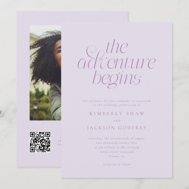 Invitation Le commencement de l'aventure Mariage lilas minima (Devant / Derrière)