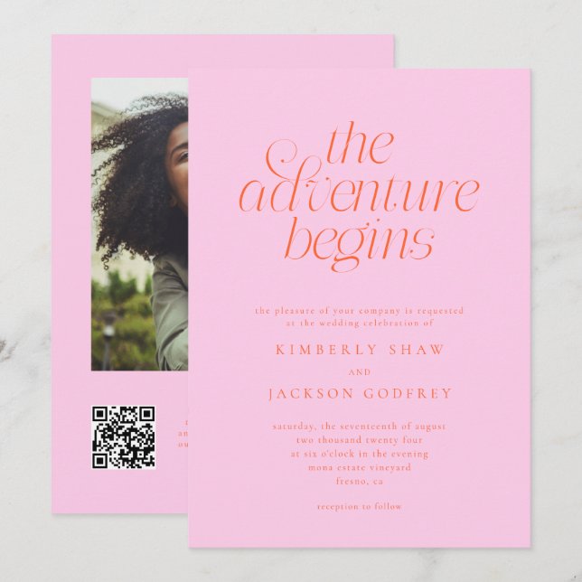 Invitation Le commencement de l'aventure Mariage Orange Rose  (Devant / Derrière)