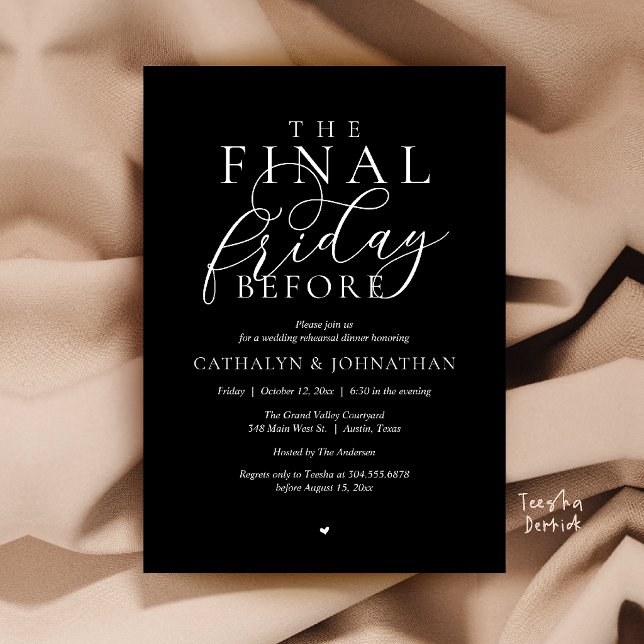 Invitation “Le dernier vendredi avant” Dîner de répétition ch (“The Final Friday Before” Romance Classy Rehearsal Dinner Invitation Card in Black and White)