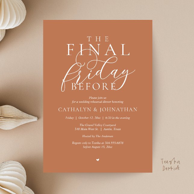 Invitation “Le dernier vendredi avant” Dîner de répétition ch (“The Final Friday Before” Romance Classy Rehearsal Dinner Invitation Card in Copper Brown)