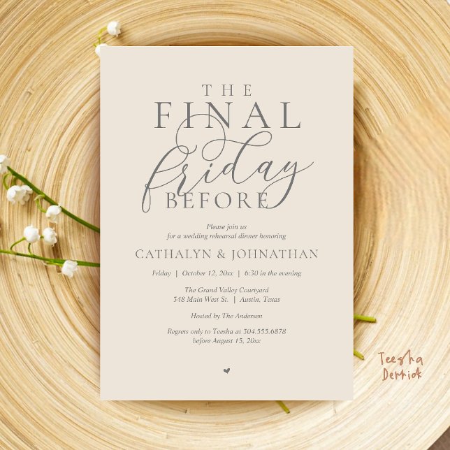 Invitation “Le dernier vendredi avant” Dîner de répétition ch (“The Final Friday Before” Romance Classy Rehearsal Dinner Invitation Card in Cream Grey)