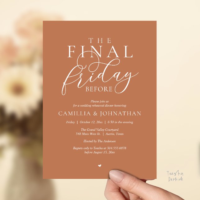 Invitation “Le dernier vendredi avant” Dîner de répétition de (“The Final Friday Before” Romance Rehearsal Dinner Invitation Card in Copper Brown Terracotta)