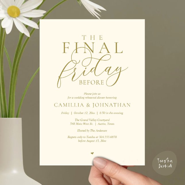 Invitation “Le dernier vendredi avant” Dîner de répétition de (“The Final Friday Before” Romance Rehearsal Dinner Invitation Card in Yellow Gold Cream)