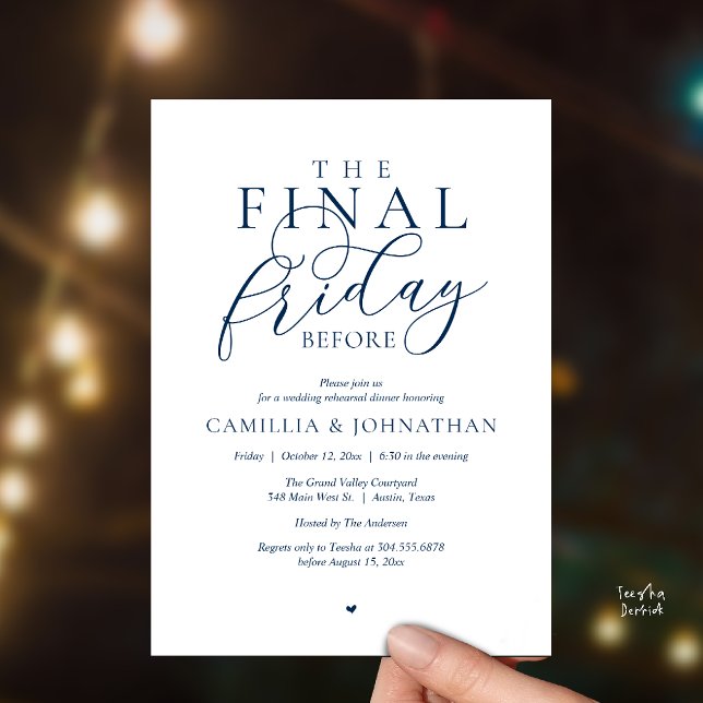 Invitation “Le dernier vendredi avant” Dîner de répétition de (“The Final Friday Before” Romance Rehearsal Dinner Invitation Card in Navy Blue)