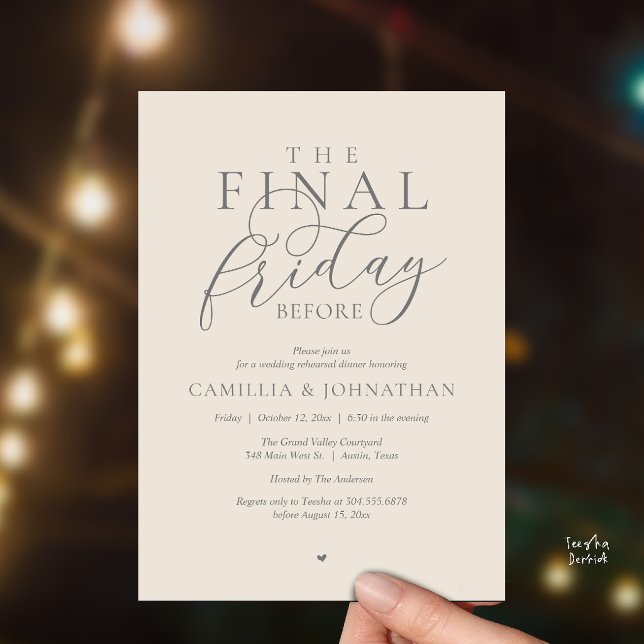 Invitation “Le dernier vendredi avant” Dîner de répétition de (“The Final Friday Before” Romance Rehearsal Dinner Invitation Card in Cream Grey)