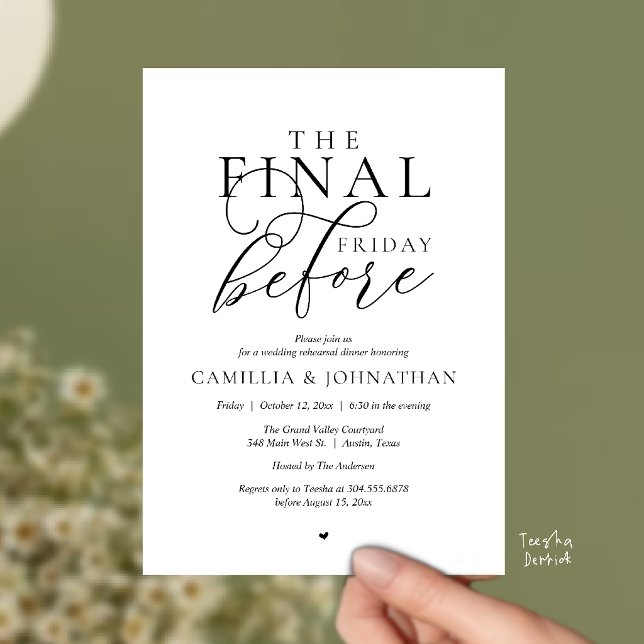 Invitation “Le Dernier Vendredi Avant” Dîner de Répétition Ro (“The Final Friday Before” Romance Rehearsal Dinner Celebration Invitation Card in black and white)