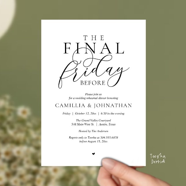 Invitation “Le Dernier Vendredi Avant” Dîner de Répétition Ro (“The Final Friday Before” Romance Rehearsal Dinner Celebration Invitation Card in black and white)