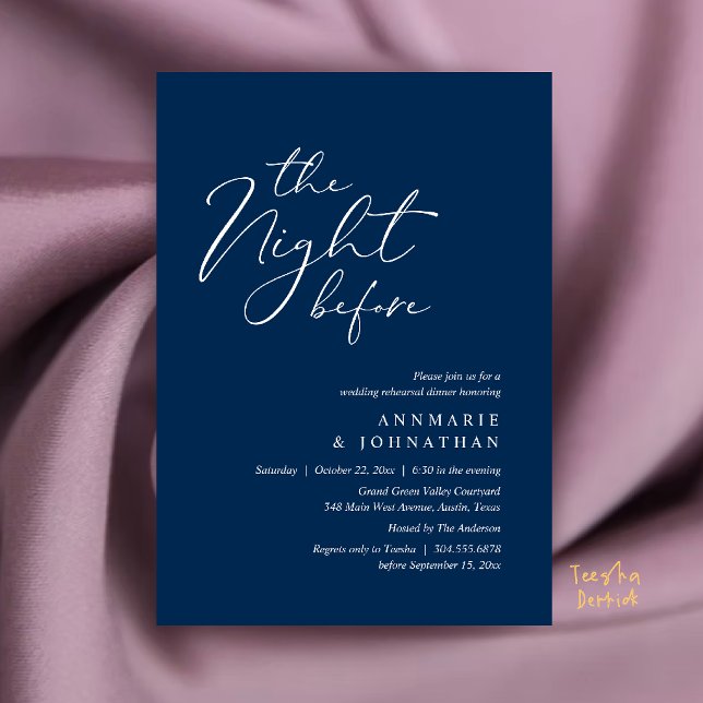 Invitation Le Dîner de Répétition de Mariage Romantique de la (The Night Before Romantic Wedding Rehearsal Dinner Invitation Card in Navy Blue)